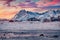 Frozen Torsfjorden fjord. Majestic winter view of Fredvang village, Lofoten Islands, Norway, Europe.