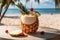 A frozen, tropical pina colada, served in a chilled, coconut shaped container, garnished with pineapple and cherry, and set