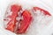 Frozen Tuna steak vacuum with ice in plastick bag, fresh food delivery concept. sea food