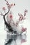 Frozen Twig with Ice and Snow, Adorned by Pink Plum Flowers, AI Generative