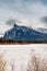 Frozen Vermillion Lake with Mount Rundle and snow covered in winter on sunny day at Banff national park