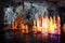 Frozen water Stalagmite in deep marble cave, Russia