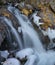 Frozen waterfall and autumn leaves