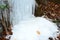 Frozen waterfalls on the side of a cliff.