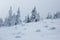 Frozen winter mountain landscape in extreme cold conditions