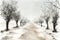 Frozen winter road with willow trees