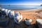 Frozen wooden breakwaters line at Baltic Sea