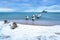 Frozen wooden breakwaters line to the world war II torpedo platform at Baltic Sea