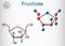 Fructose, aalpha-D-fructofuranose molecule. Cyclic form. Structural chemical formula and molecule model. Sheet of paper in a cage