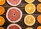 Fruit background. Fresh citrus orange, grapefruit, tangerine top