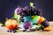 Fruit Background with Grape, Orange, Figs on Blackboard