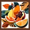 Fruit background with orange, pear, grapefruit and leafs AI generated