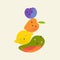 Fruit balance composition. Cute cheerful characters: mango, lemon, peach, plum.