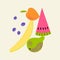 Fruit balance composition. Cute textured fruits: pear, watermelon, peach, melon, blueberry.