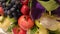 Fruit basket close up with festive gold ball with blinking light