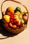 Fruit basket with textured background.