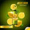 Fruit beer drink. Realistic advertising banner. Lemon or lime fresh beverage. Alcohol product ad. Premium purchase. Cold