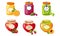Fruit and Berries Jam Jar Glasses Set, Strawberry, Apricot, Raspberry, Orange, Cherry, Gooseberry Vector Illustration