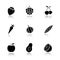 Fruit, berries and vegetables drop shadow black icons set