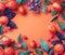 Fruit and berry mockup background. Flat lay top view orange background with oranges, berries, leaves. Negative space for design,