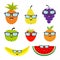 Fruit and berry set eyeglasses sunglasses. Cartoon character face. Banana, strawberry, orange, pineapple, grape, mellon