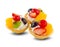 Fruit and berry tart dessert with toss sugar on wooden background. Fresh delicious sweet cake with raspberries, grapes,