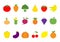 Fruit berry vegetable icon set. Pear, strawberry, banana, pineapple, grape, apple, cherry, lemon, orange. Pepper, tomato, carrot,
