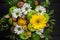 Fruit bouquet with apples, yellow flowers, kiwi fruit and avocado.