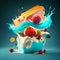 Fruit cake with cream splash on blue background 3d render illustration