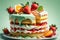 fruit cake with strawberry cream, nuts, tangerines