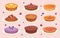 Fruit cakes. Bakery pie with dessert strawberry jam exact vector delicious food
