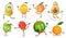 Fruit characters yoga. Fruits in fitness exercises poses, wellness food and funny sport fruit cartoon vector