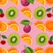 Fruit cocktail, citrus, kiwi, cherries and plums in bright seamless pattern, vector illustration