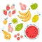 Fruit collection in flat hand drawn style, illustrations set. Tropical fruit and graphic design elements. Ingredients color clipar