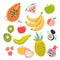 Fruit collection in flat hand drawn style, illustrations set. Tropical fruit and graphic design elements. Ingredients color clipar