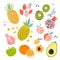 Fruit collection in flat hand drawn style, illustrations set. Tropical fruit and graphic design elements. Ingredients color clipar