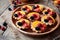 Fruit dessert tartlets with vanilla custard and fresh raspberries, blackberry, peach. Dark rustic style.