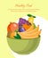 Fruit diet poster. Fruit farm market. Organic and natural food vector illustration. Bowl with fresh products such as