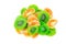 Fruit drying, Pile of dried tropical KIWI and Orange fruits isolated on the white background. Top view