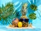 Fruit family on summer vacation: coconut, lemon and pineapple in sunglasses on beach, palm leaves on blue background