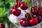 Fruit ice cream dessert with sweet cherry in martini glass