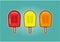 Fruit Ice lolly popsicle treat cartoon vector summer. Delicious frozen snack, bright colour orange, strawberry and lemon