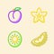 Fruit icon set collection plum star fruit kiwi durian white isolated background with stroke color outline style