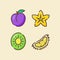 Fruit icon set collection plum starfruit kiwi durian white isolated background with color flat outline style