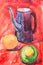Fruit and jug painted with a brush