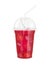 Fruit juice in clear plastic transparent cup and ice with sphere dome cap and straw tube. Fresh cherry juice for design drink menu