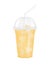 Fruit juice in clear plastic transparent cup and ice with sphere dome cap, straw tube. Fresh juice pear for design drink menu.