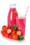 Fruit juice drink strawberry smoothie strawberries glass and bottle isolated