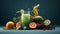 Fruit juice and fresh fruits on a wooden table on a dark background