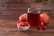 Fruit juice and ingredients, pomegranate summer drink on a wooden table, detox diet and weight loss concept, healthy and natural